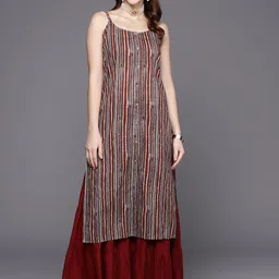 Varanga Women Rust & Grey Striped Kurta-picture-28