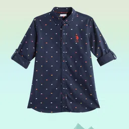 U.S. Polo Assn. Kids Boys Navy Blue Conversational Opaque Printed Pure Cotton Casual Shirt-picture-37