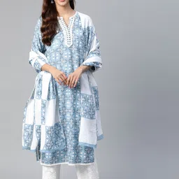 Yuris Women Blue Floral Printed Regular Thread Work Pure Cotton Kurta with Palazzos & With Dupatta-picture-41