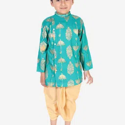 Superminis Boys Green Ethnic Motifs Embroidered Angrakha Gotta Patti Pure Cotton Kurta with Dhoti Pants-picture-14