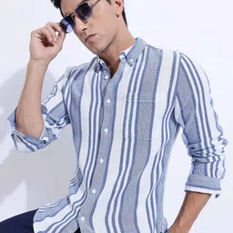 HERE&NOW Men Slim Fit Button-Down Collar Vertical Striped Cotton Casual Shirt-image-64