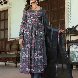 AARAAS Floral Printed Square Neck Empire Chinon Anarkali Kurta With Trousers & Dupatta-image-36