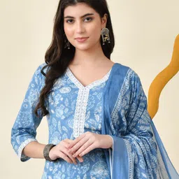 DORIYA Floral Printed V-Neck Regular Straight Kurta With Trouser With Dupatta-picture-36