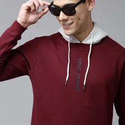 Pepe Jeans Men Burgundy Solid Contrast Hooded Sweatshirt with Minimal Print Detail-picture-8