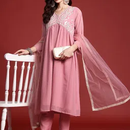Indo Era Floral Sequin Embroidered Empire Kurta with Trousers & Dupatta-picture-23