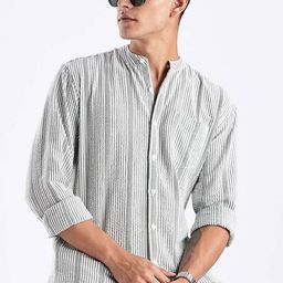 HERE&NOW Striped Band Collar Long Sleeves Cotton Casual Shirt-picture-38