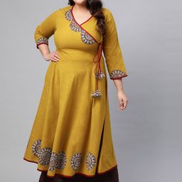 YASH GALLERY Women Plus Size Mustard Yellow Yoke Design Angrakha Anarkali Kurta-picture-0