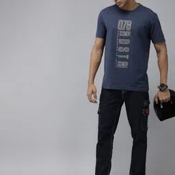 Roadster Men Navy Blue Brand Logo Printed Pure Cotton T-shirt-picture-32