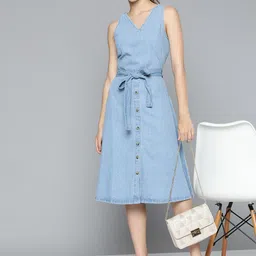 Chemistry Blue Pure Cotton Denim A-Line Midi Dress with Belt-image-5
