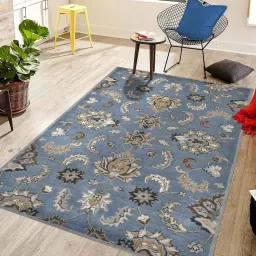 saraswati global Bluish Grey Floral Wool 8 ft x 10 ft Hand-Tufted Carpet image 1