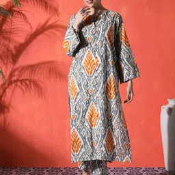 Sangria Ethnic Motifs Printed High Slit Round Neck Pure Cotton Straight Kurta & Trousers image 5