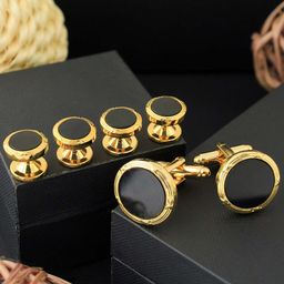 PELUCHE Gold-Toned & Black Crystal Studded Cufflink and Shirt Studs Gift Set-picture-21