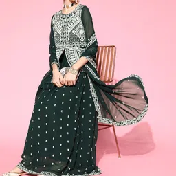 Kvsfab Women Green Sequins Embroidered Readymade Top Skirt Set with Dupatta image 2