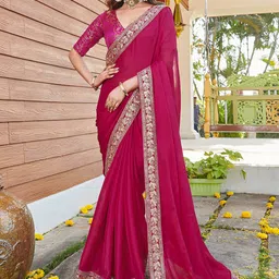 Satrani Embroidered Sequinned Pure Chiffon Saree With Unstitched Blouse Piece image 3