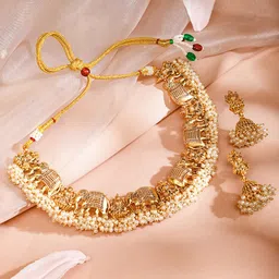 Rubans 24K Gold Plated Divine Lakshmi Temple Jewelry Set with White Pearl Bead image 3