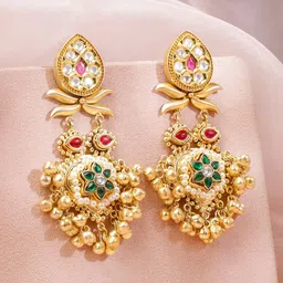 Rubans 22K Gold Plated Kundan Stone Studded And Beaded Contemporary Drop Earrings image 4