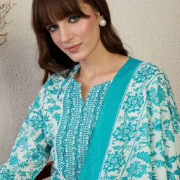 Indo Era Floral Printed Straight Kurta With Trousers & Dupatta image 3