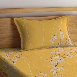 KLOTTHE Yellow & White Floral Printed 400 TC Pure Cotton Fitted Single Bedsheet Set image 5