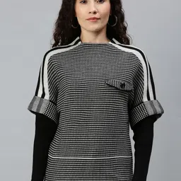 Campus Sutra Women Black & White Self Designed Pullover Sweater image 3