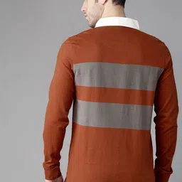 Roadster Men Rust Orange & Grey Striped Polo Collar T-shirt image 4