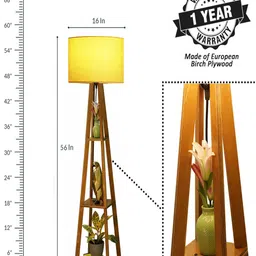 Crosscut Yellow & Brown Wooden Cylinder Shaped Floor Lamp With Shelves image 4