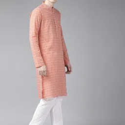 See Designs Men Pink & White Pure Cotton Printed Regular Kurta with Trousers image 3
