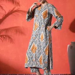 Sangria Ethnic Motifs Printed High Slit Round Neck Pure Cotton Straight Kurta & Trousers image 4