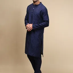 WHITE HEART Geometric Woven Design Band Collar Straight Kurta With Pyjama image 2