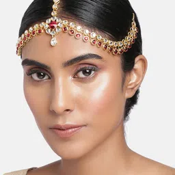 I Jewels Women Gold-Plated & Maroon Kundan Studded Bridal Matha Patti-picture-51