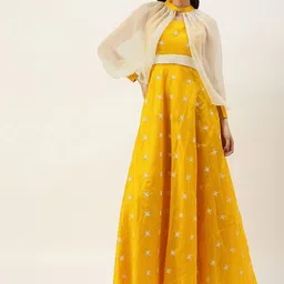 Ethnovog Women Yellow Off White Floral A-Line Maxi Made to Measure Dress with Shrug-image-16