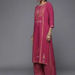 Varanga Women Fuchsia Pink & Golden Floral Print Cotton Kurta with Palazzos & Dupatta image 3