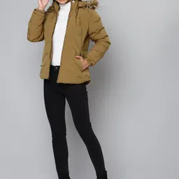 Fort Collins Women Mustard Brown Solid Parka Jacket with Detachable Hood image 4