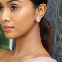 Rubans 18K Gold Plated Oval Cut Cubic Zirconia Studded Stud Earrings Sparkle image 2