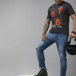 Roadster Men Charcoal & Orange Biker Printed Pure Cotton T-shirt image 3