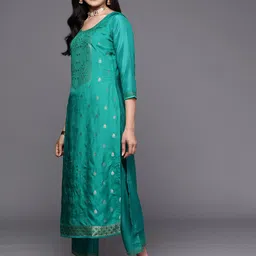 Libas Women Sea Green Floral Kurta with Trousers & With Dupatta image 4