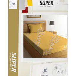 KLOTTHE Yellow & White Floral Printed 400 TC Pure Cotton Fitted Single Bedsheet Set image 4