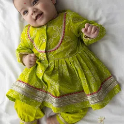 Tiber Taber Girls Bandhani Printed Anarkali Pure Cotton Kurta With Trousers-picture-28