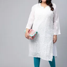 ADA Women Plus Size White Ethnic Motifs Chikankari Embroidered Georgette Handloom Kurta With Slip image 5