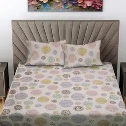 FABINALIV Beige & Pink Floral 300 TC King Bedsheet with 2 Pillow Covers image 2