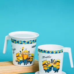 Servewell  White & Yellow 4 Pieces Minions Printed Melamine Glossy Mugs With Coasters image 1