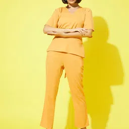 Athena Women Mustard Yellow Solid V-Neck Top and Trousers-picture-29