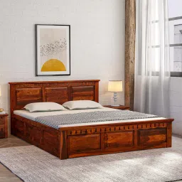 woodsworth from pepperfry Zurndorf Sheesham Wood King Size Bed in Scratch Resistant Honey Oak Finish With Box Storage image 1