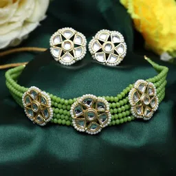 Ozanoo Gold-Plated Kundan-Studded & Beaded Jewellery Set-picture-17