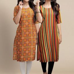 7threads KALINI Women Pack Of 2 Mustard Yellow Printed Crepe Straight Kurta-picture-12