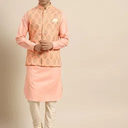 KISAH Mandarin Collar Straight Kurta with Churidar & Nehru Jacket image 1