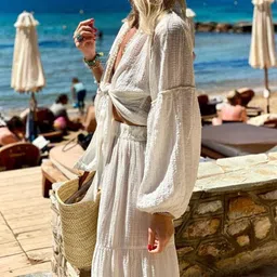 quecy Women's Sexy Deep V-Neck Puff Sleeves Tie-up Top with Long Skirt Loose Two-Piece White Cord-Set Summer Dress image 4