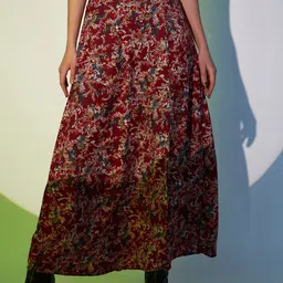 Berrylush Maroon Floral Printed High Rise A-line Maxi Skirt-picture-42