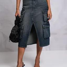 Tokyo Talkies Blue Denim Midi A-Line Skirt-image-74