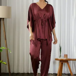 SANSKRUTIHOMES V-Neck Short Sleeves Satin Kaftan & Pyjamas-image-0