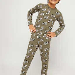 frangipani Boys Olive Green & White Printed Cotton Night Suit-image-69